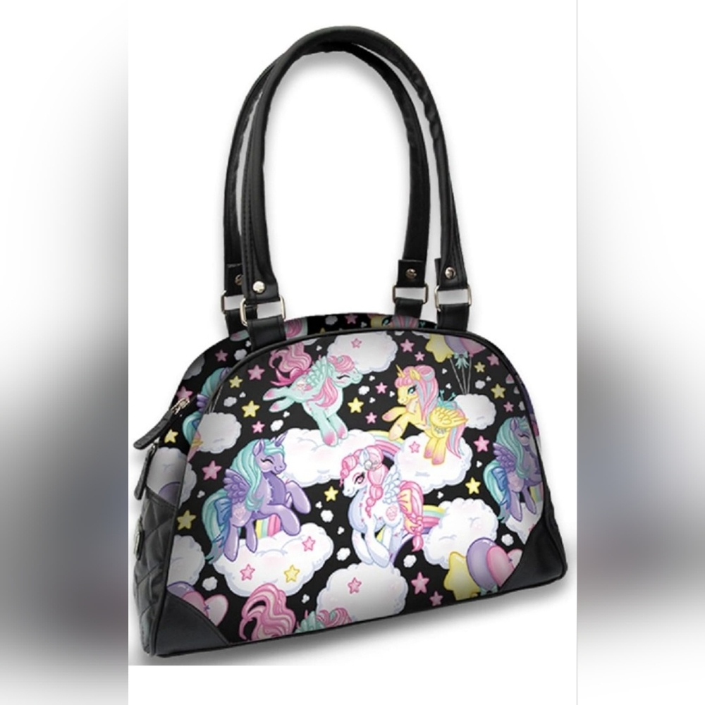 Pegasus Unicorns Pony Rainbows Vegan Black Handbag purse liquorbrand nwt
